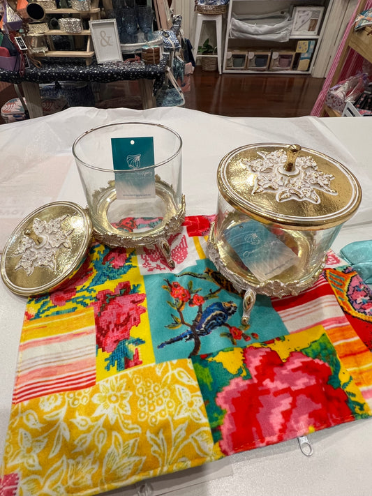 MOTHERS DAY SPECIAL $30 Trinket box - gold/glass round/feet/lid