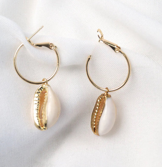 SPECIAL PRICE $30 Earrings - 24k gold plated hoops with shell- Hypoallergenic
