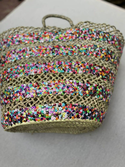 SALE PRICE $75 Colorful sequin straw bag ,woven bag ,straw tote bag